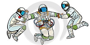 Three astronauts in space in zero gravity isolate on white background