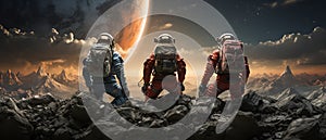 Three astronauts wearing space suits walk standing surface. Generative Ai Illustration