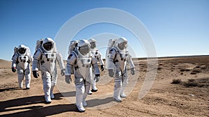 Three astronauts in white spacesuits walking in the desert. AI generative image