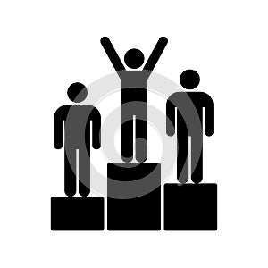 Three athletes on a pedestal icon. Awards ceremony. Man standing on sport winners pedestal sign - vector