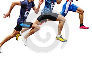 three athletes runners running synchronously together sprint race