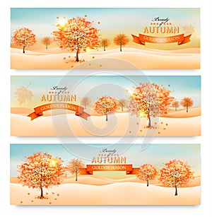 Three autumn abstract banners with colorful leaves