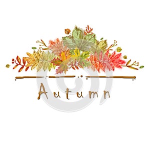 Three Autumn Leaves with text `Autumn` Isolated on White.