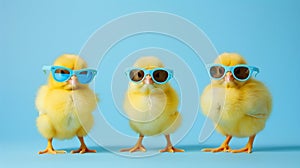 Three baby chicks wearing sunglasses and standing in front of a blue background. The image conveys a playful and lighthearted mood