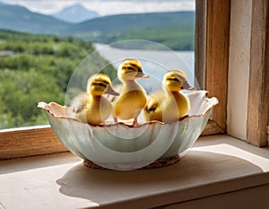 Three baby ducks are sitting in a bowl on a window sill