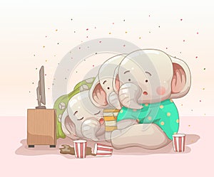Three baby elephants watching movie. vector hand drawn cartoon art style