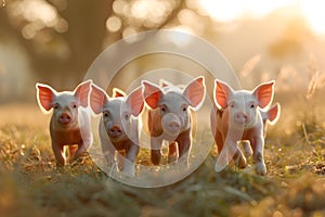 three baby pigs with ears standing on grass near some trees