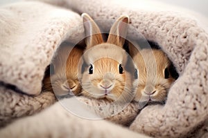Three baby rabbits are sitting under a pink blanket