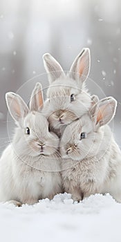 Three baby rabbits stacked in snow, showing ears and whiskers