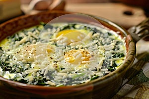 Three baked eggs over spinach in ceramic dish. Neural network AI generated