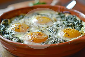 Three baked eggs over spinach in ceramic dish. Neural network AI generated