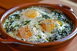Three baked eggs over spinach in ceramic dish. Neural network AI generated