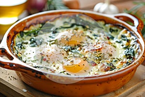 Three baked eggs over spinach in ceramic dish. Neural network AI generated