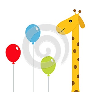 Three balloons. Giraffe with spot. Zoo animal. Cute cartoon character. Long neck. Wild savanna jungle african animals collection.