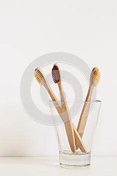 Three bamboo toothbrushes with natural bristles in glass