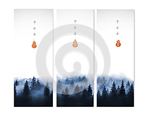 Three banners with blue misty winter forest trees and place for your text. Traditional oriental ink painting sumi-e, u