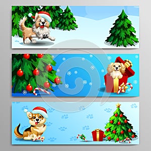 Three banners with cute dog on blue