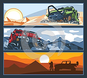 Three banners with off-road vehicles with difficult roads