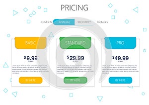 Three banners. Pricelist, hosting plans and web design boxes of banners.