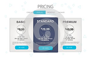 Three banners. Pricelist, hosting plans and web design boxes of banners.