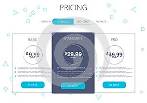 Three banners. Pricelist, hosting plans and web design boxes of banners.