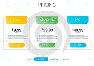 Three banners. Pricelist, hosting plans and web design boxes of banners.