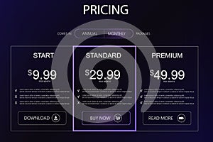 Three banners. Pricelist, hosting plans and web design boxes of banners.