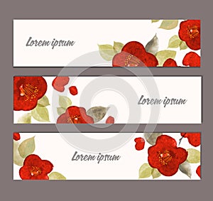 Three banners with red japanese camelia flowers with place for your text. Traditional Japanese ink wash painting sumi-e.