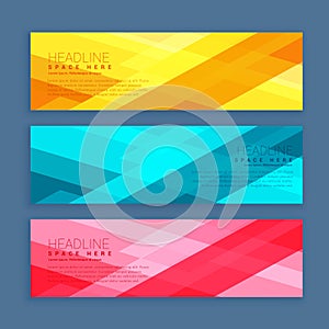 three banners set designed with geometrical shapes in bright col