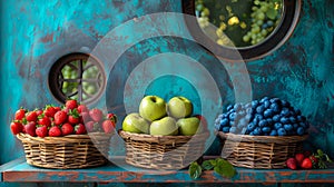 Three baskets of fruit on a wooden table