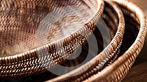 Three baskets made of woven material are stacked on top of each other