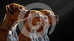 Three Beagle dogs in a row in profile. Studio light dark background. Copy space