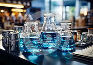 Three beakers with blue liquid on the table. Close up. Science laboratory equipment. Generative AI. Blurred backdrop