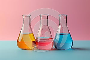Three Beakers Filled With Different Colored Liquids. Generative AI
