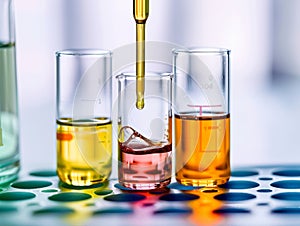 Three beakers filled with yellow liquid and dropper