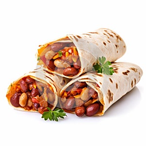 Three Bean Tortilla Wraps With Parsley On White Background