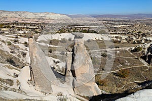 Three Beauties Fairy Chimneys in Urgup Town, Cappadocia, Nevsehir, Turkey