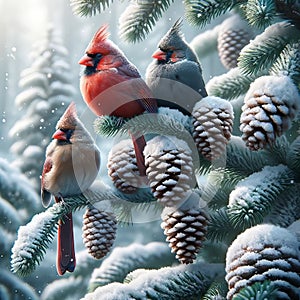 Three Beautiful Cardinal Birds In Winter Perched On A Pine Tree Covered With Snow AI Generated