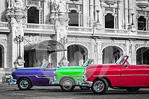 Three beautiful classic cabriolet cars in Havana Cuba