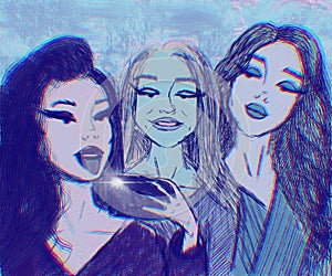 three beautiful girls girlfriends models with bright makeup, indulge and take a selfie in the mirror in neon blue colors