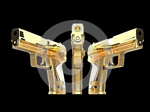 Three beautiful shiny golden guns side by side