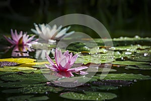 Three beautiful water lilies Marliacea Rosea in the morning sun. The