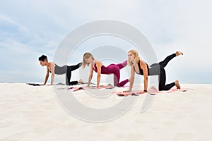 Three beautiful young women perform Bitilasana yoga pose