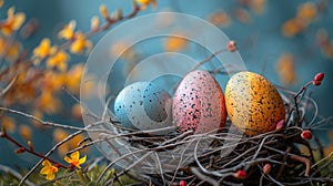 Three beautifully painted Easter eggs lie in a bird\'s nest among flowering branches