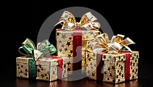 Three beautifully wrapped presents with golden wrapping paper and red and green ribbons on a black background