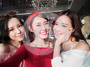 Three beauty woman selfie happily