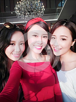 Three beauty woman selfie happily