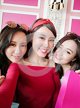 Three beauty woman selfie happily