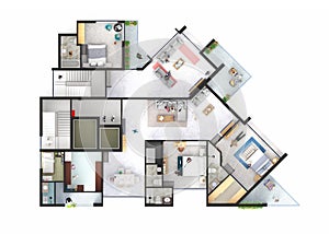 Three bedroom family apartment axonometric interior typical floor plan