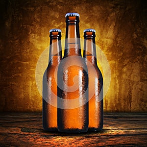 Three Beer bottle on grunge background